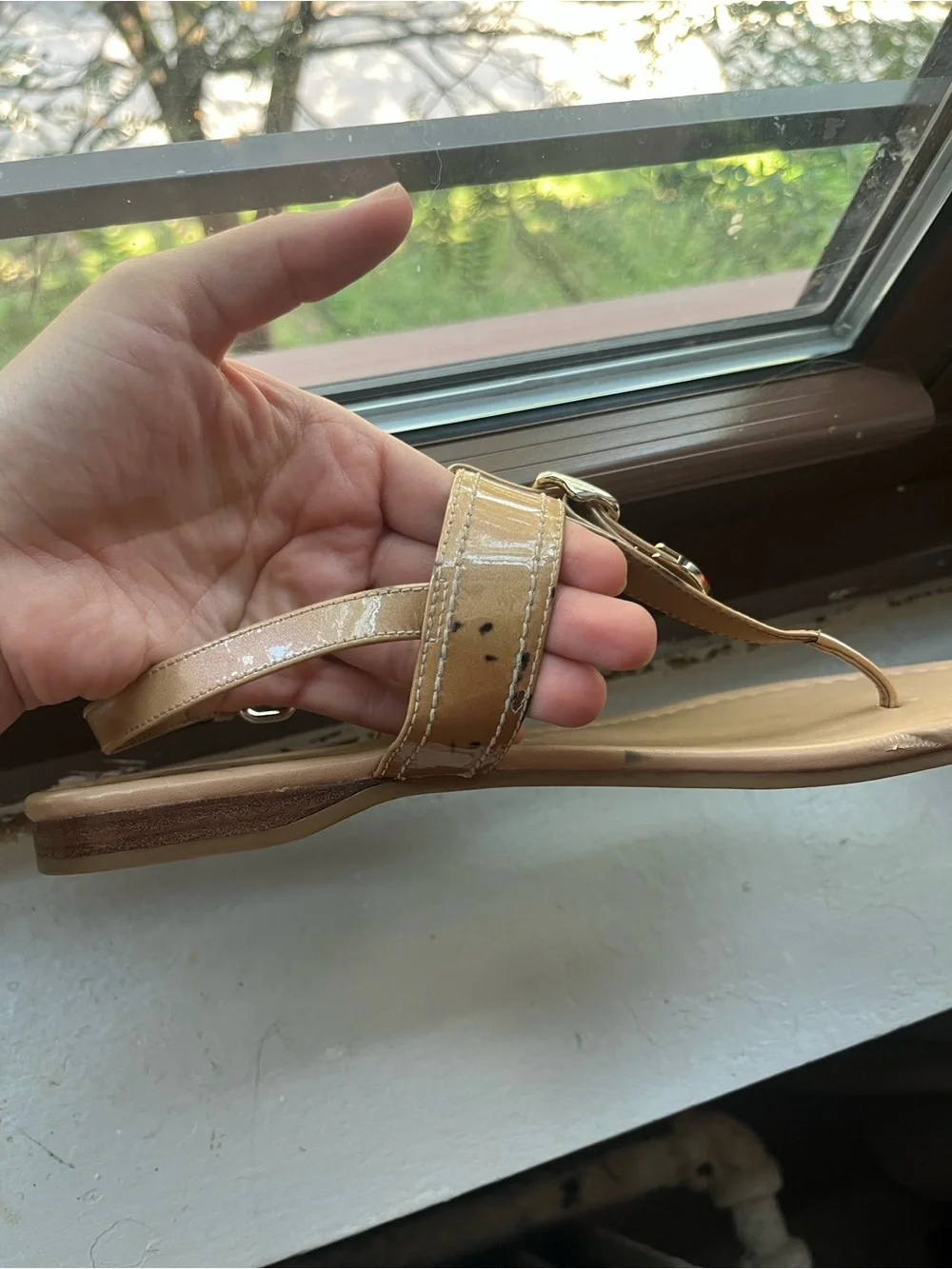 Coach Tan Leather Buckle Thong Sandals with Gold Accents